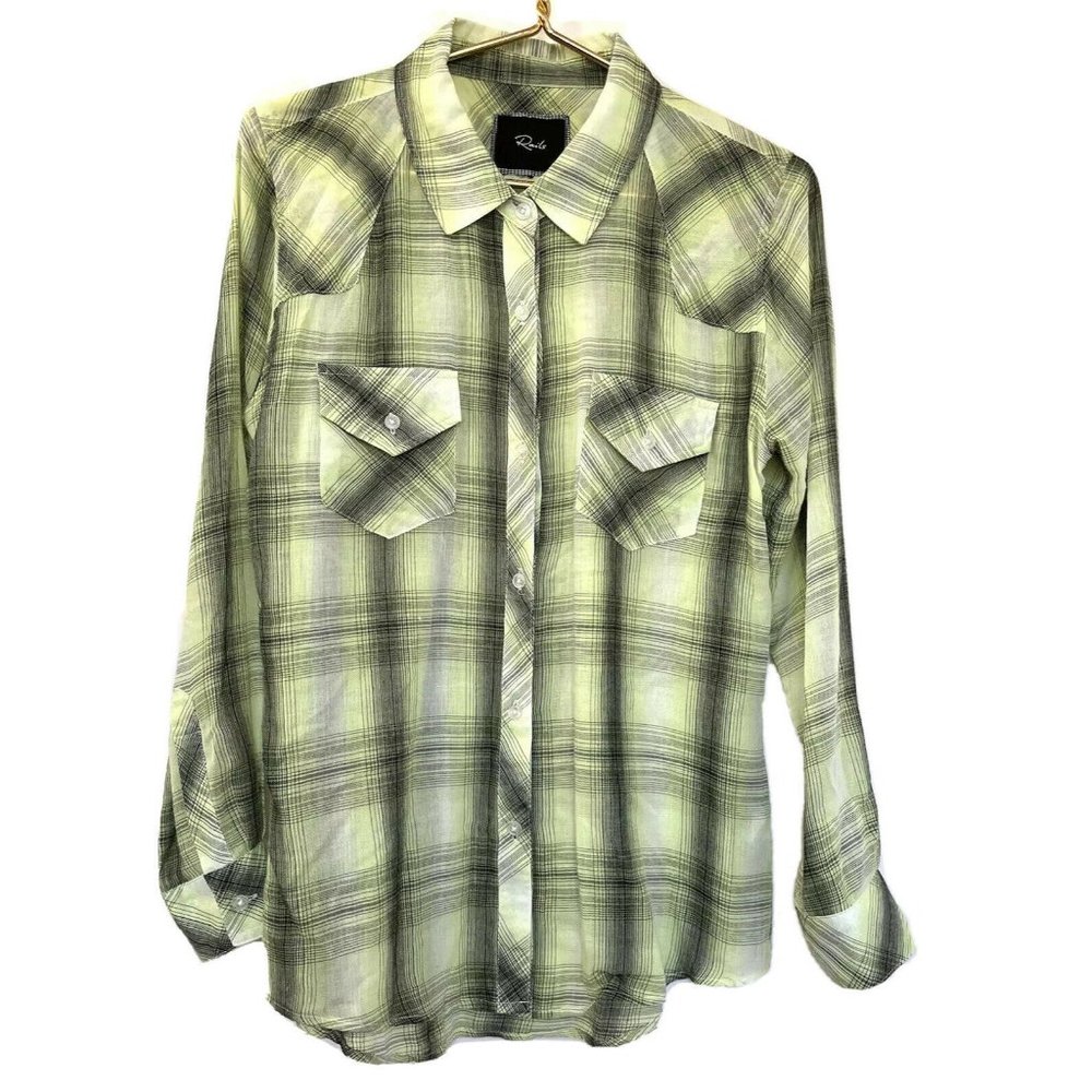 Rails Neon Green Black Plaid Long Sleeve Shirt M Button Down Flap Pockets